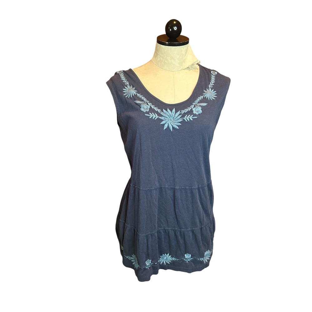Garnet Hill Blue Floral Embroidered Sleeveless Tunic Top Cotton Blend Sz M‎